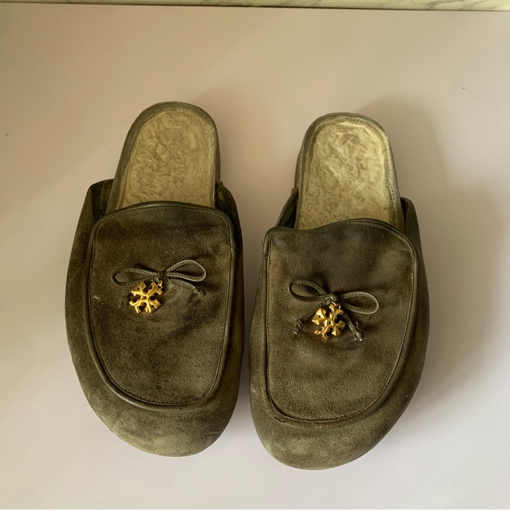 Tory Burch Olive Suede Slippers with Gold Accent